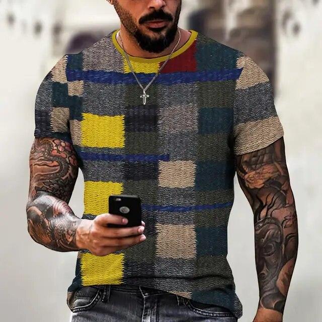 Spliced Men's T-Shirt Retro Short Sleeved Tees Men's Clothing Plaid Pattern Printed T-Shirts Oversized European Tops