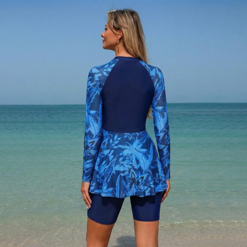 Traje de baño conservador de manga larga con falda dividida para mujer, talla grande, protección solar
