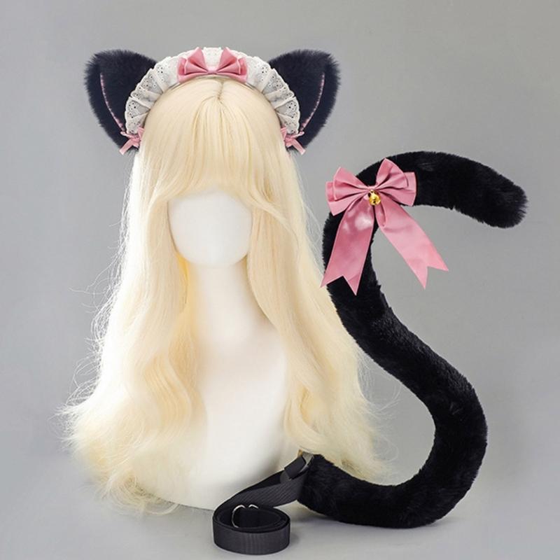 Fasce per Capelli con Orecchie da Gatto Peluche Per Costumi da Cameriera Anni 2000 Accessorio per Capelli Morbido con Fiocco a Nastro 6 Colori