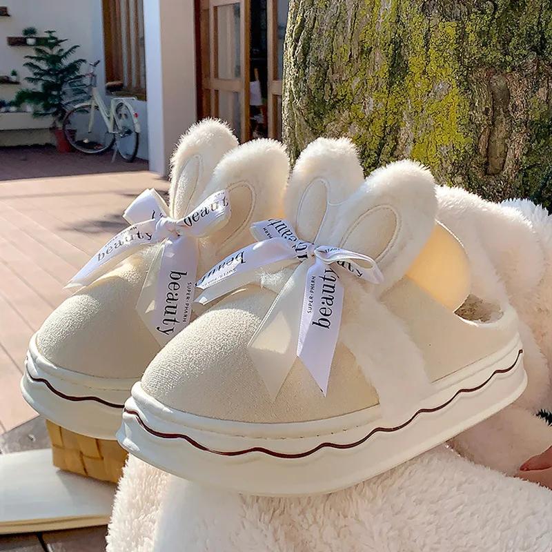 Fashion Winter Faux Suede Cotton Slippers for Women's Winter Home Rabbit Bow Cotton Slippers for Warmth, New Thick Soled Princess Style
