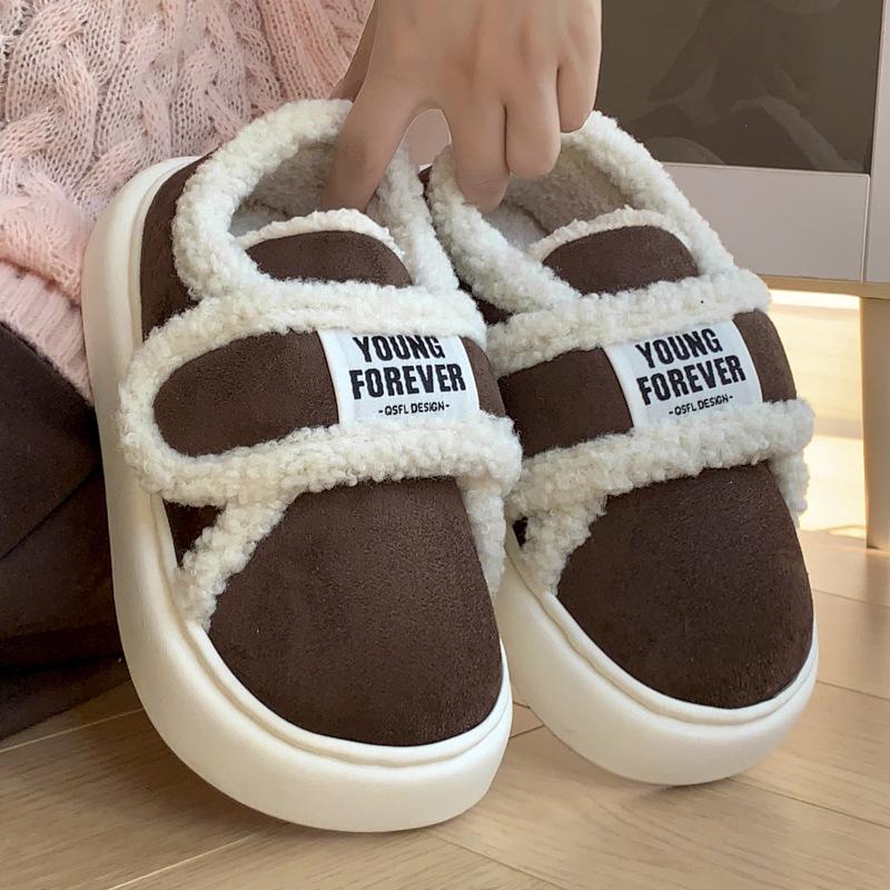 Women's Retro Velcro Cotton Slippers - Non-Slip, Warm Velvet, Full Heel for Autumn/Winter.