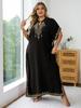 EDOLYNSA Schwarzer Damen-Kaftan mit goldener Stickerei, Hauskleid, lockeres Urlaubsparty-langes Kleid, Übergröße, Lounge-Kleidung Q1545