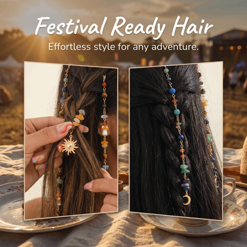 2Pcs Headwear Exquisite Sun Moon Pendant Bohemian Multicolored Stone Bead Hair Additions  Women