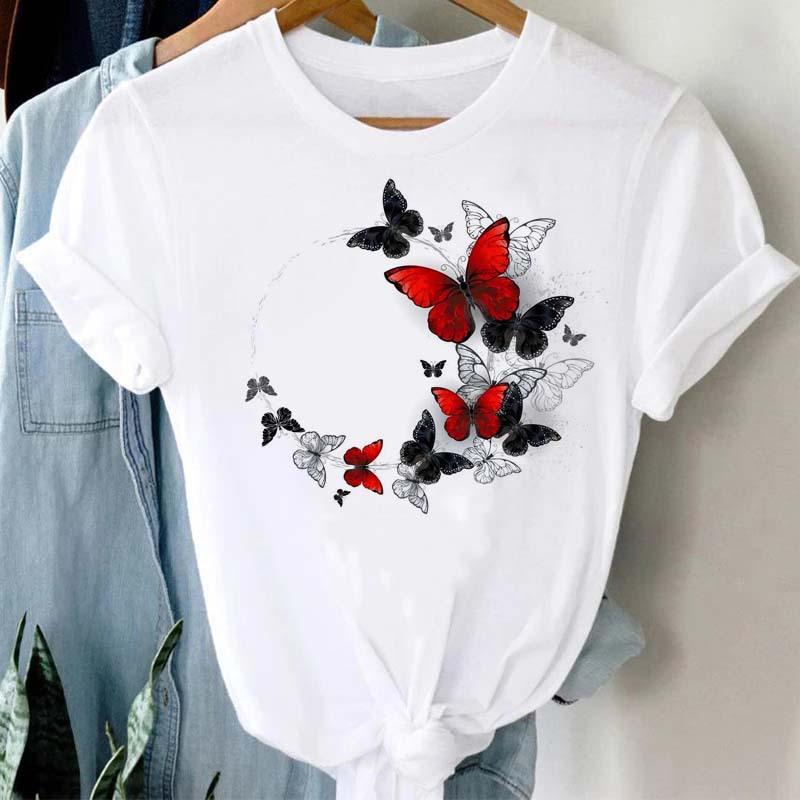 Summer Burst Cute Cartoon Butterfly Trend Letter Print Top T-shirt Woman Tops  Oversized T Shirt  Aesthetic Clothes