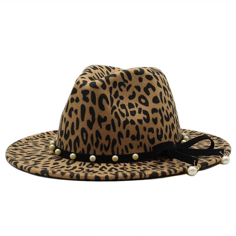 Flat-Brimmed Cornice Hat Leopard Print Pearl Bow Hat Jazz Hat Woolen Top Hat