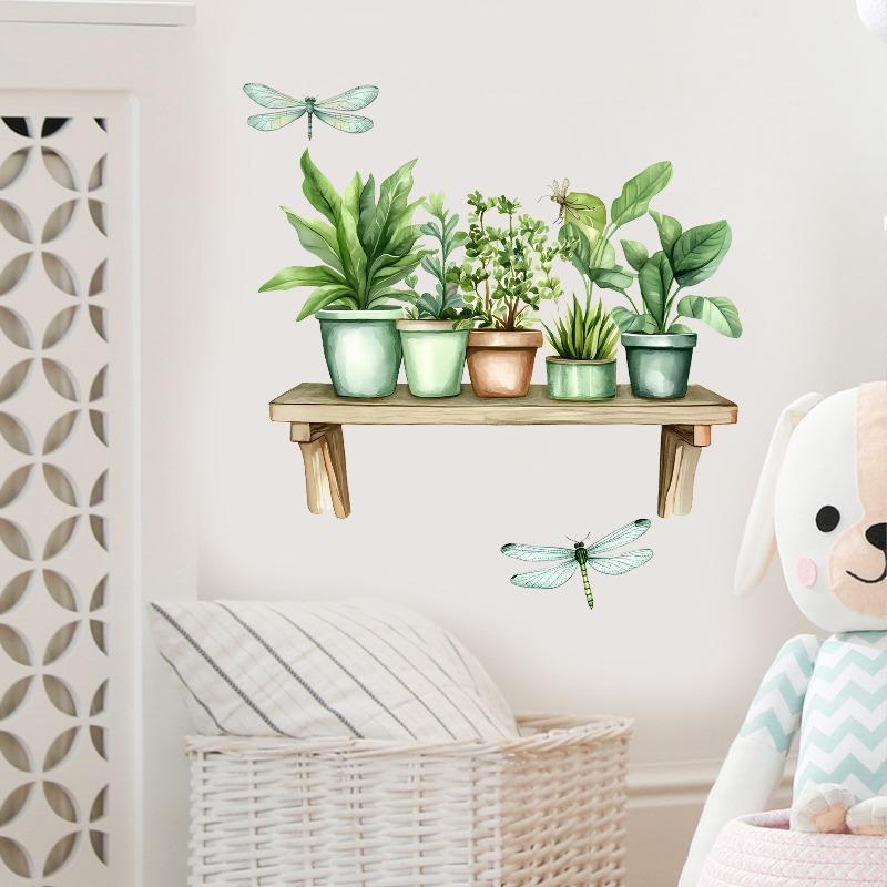 

New Creative Fresh Plant Potted Plant Shelf Dragonfly Living Room Sofa Background Wall Decorative Wall Sticker 29x30cm