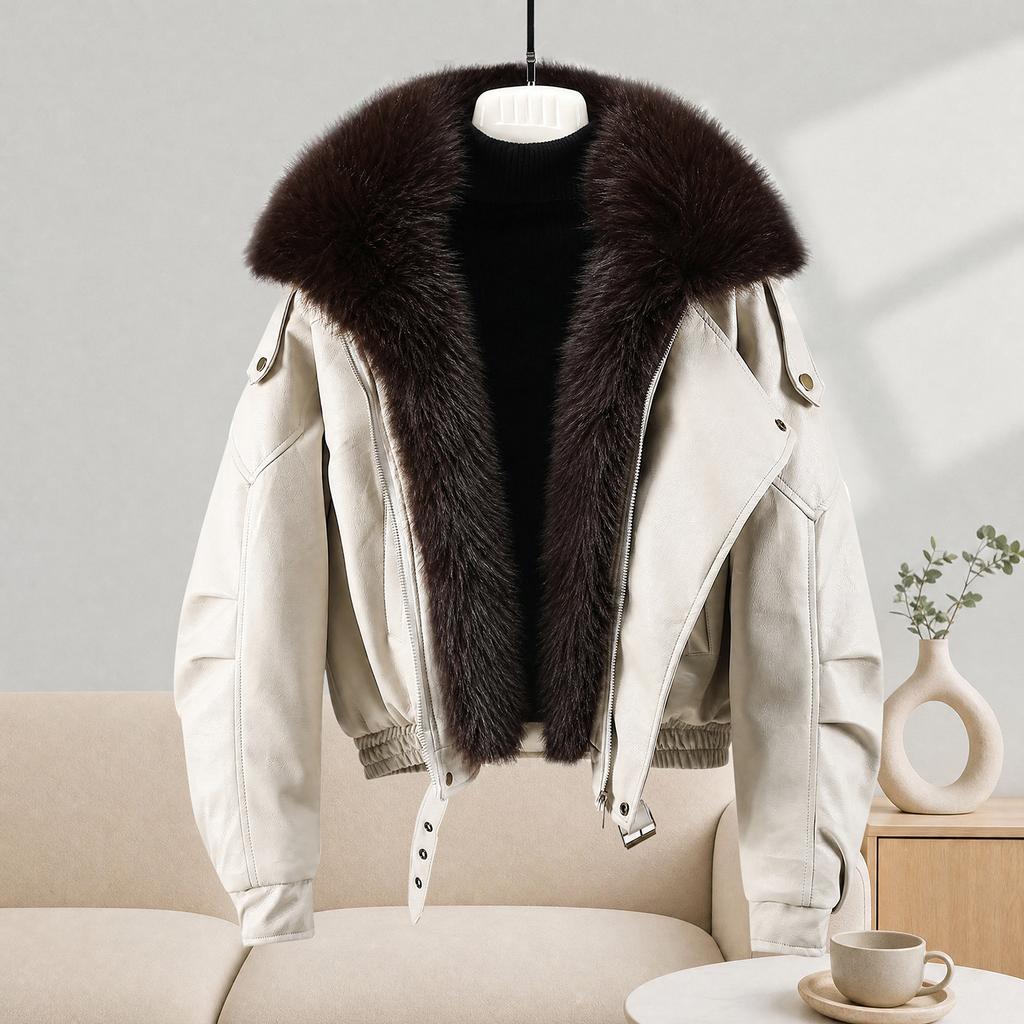 Neue Lederjacke großer Pelzkragen Werkzeug Baumwollkleidung Damen Winter Europäisches und Amerikanisches Design Jacke Verdickt Warmer Baumwollmantel