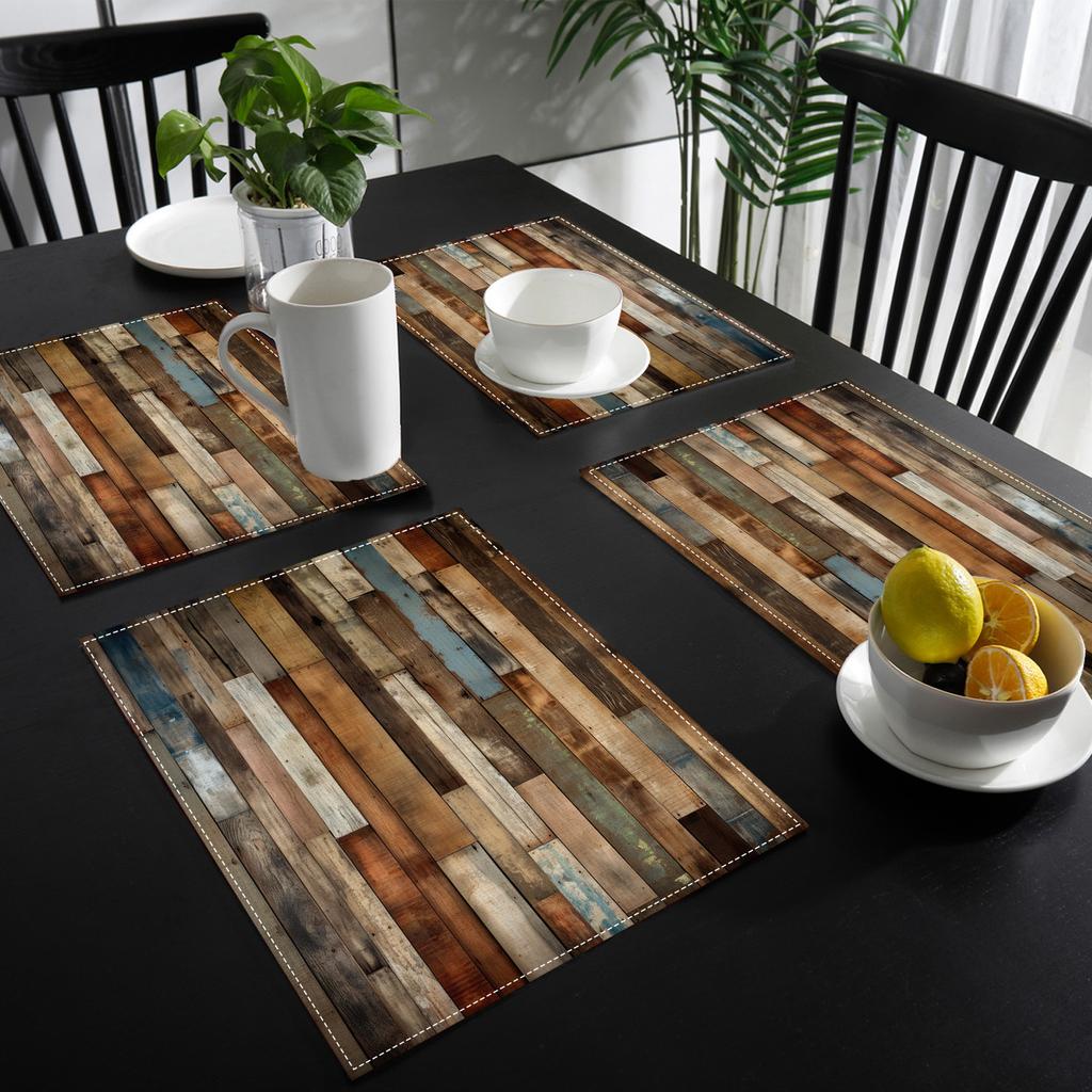 4pcs Placemats Set with Vintage Wood Grain Pattern, 12x18 Inches, Suitable for Kitchen and Dining Room Decor, Home Decoration, Family Dinner Table,