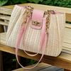Chic Hand Straw Woven Tote Bag Stylish Women Handbag Shoulder Bag with Chain Leather Shoulder Strap Fashi Shopping Travel Bag