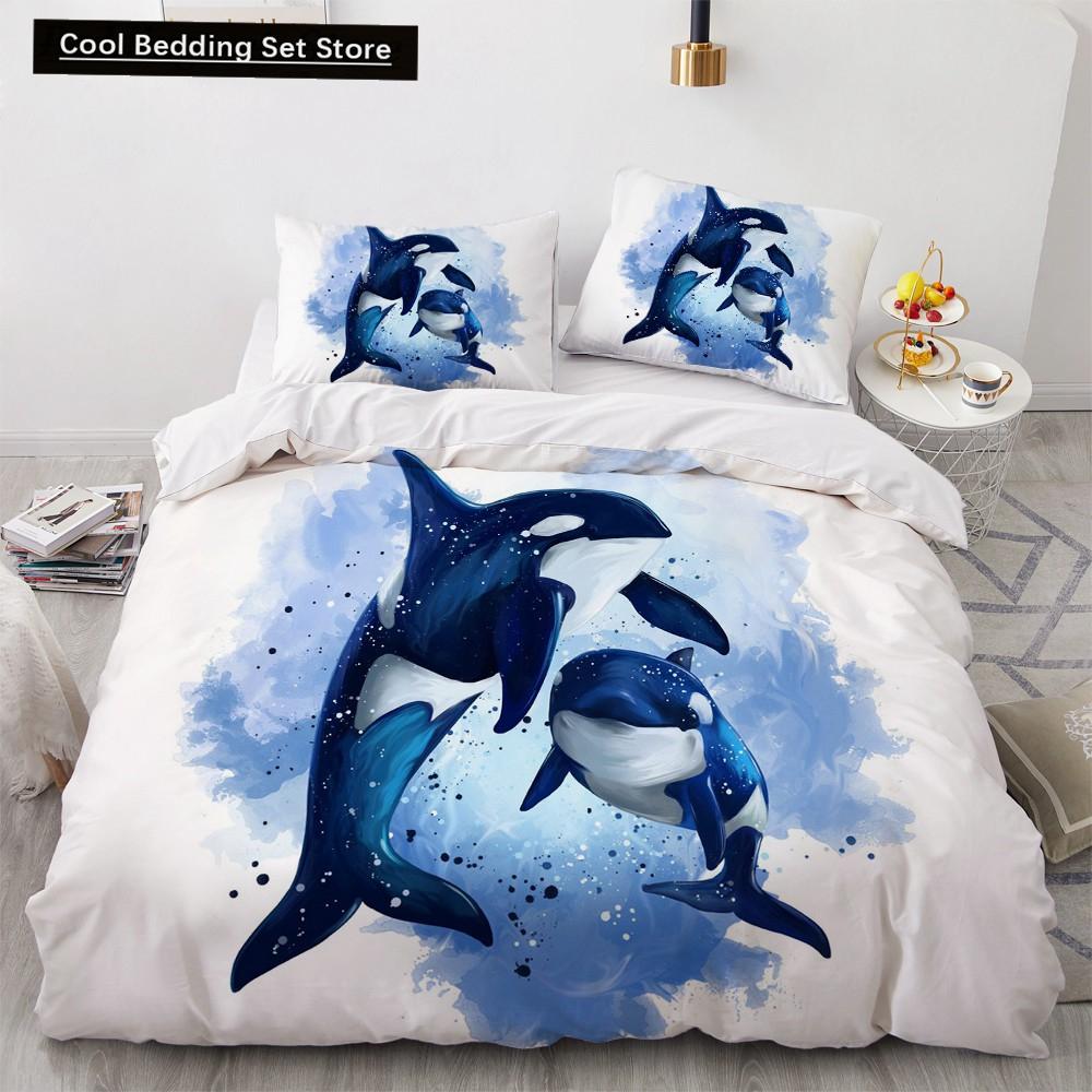 Comforter Dolphin Ocean King Queen Cute 3D Sea Animal Bedding Set For Kids Teens Adults Shoal Of Fish Blue 2/3Pcs