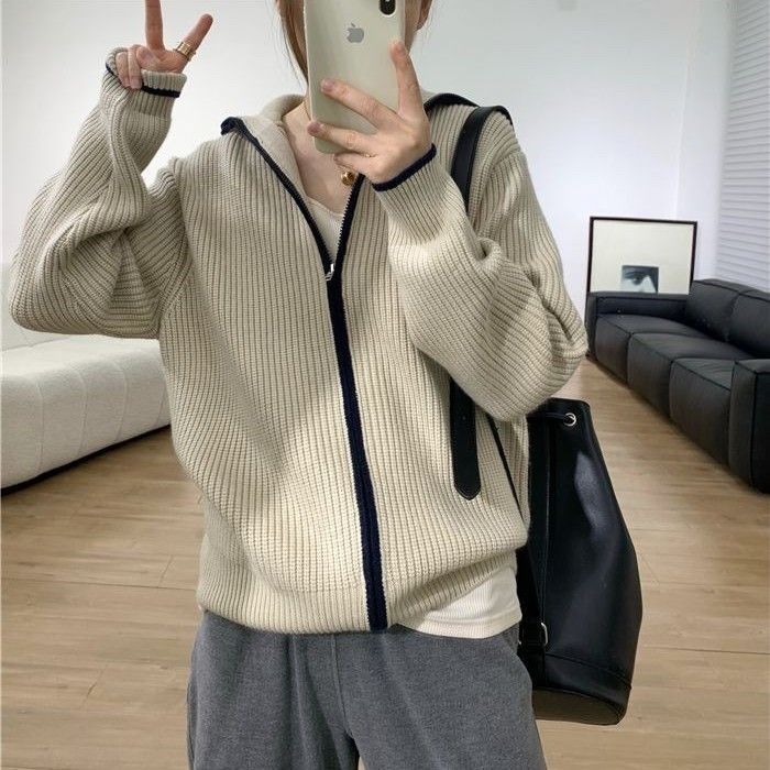 Sweater jacket zipper stand-up collar lazy new thickened loose women's Korean fashion color matching top