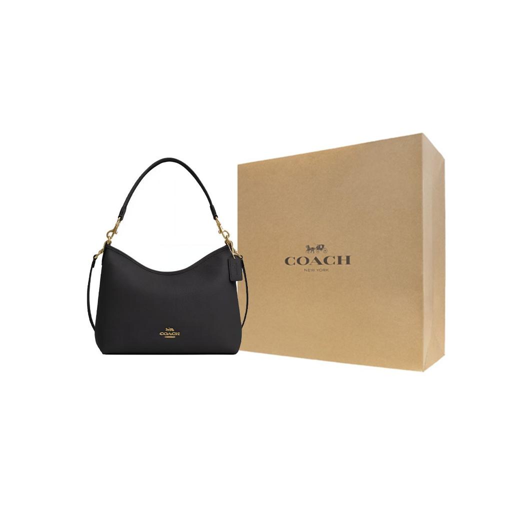 Coach Laurel 31 Logo Reißverschluss Kieselsteinleder Tragetasche Crossbody Umhängetasche Große Damen Taschen Gold Schwarz CR148-IMBLK