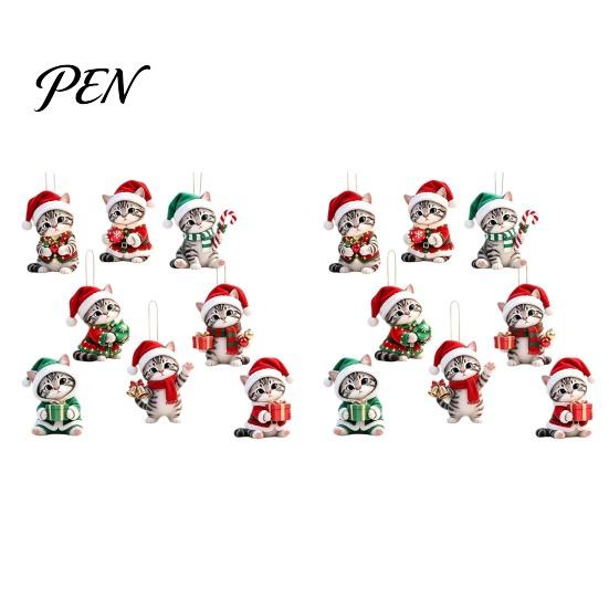 Flat Wood Ornament Cute Kitten Christmas for Tree Hanging, 2D Wooden Rustic Xmas Ornaments Decorative Pendant with Lanyard Home Holiday Party Supplies