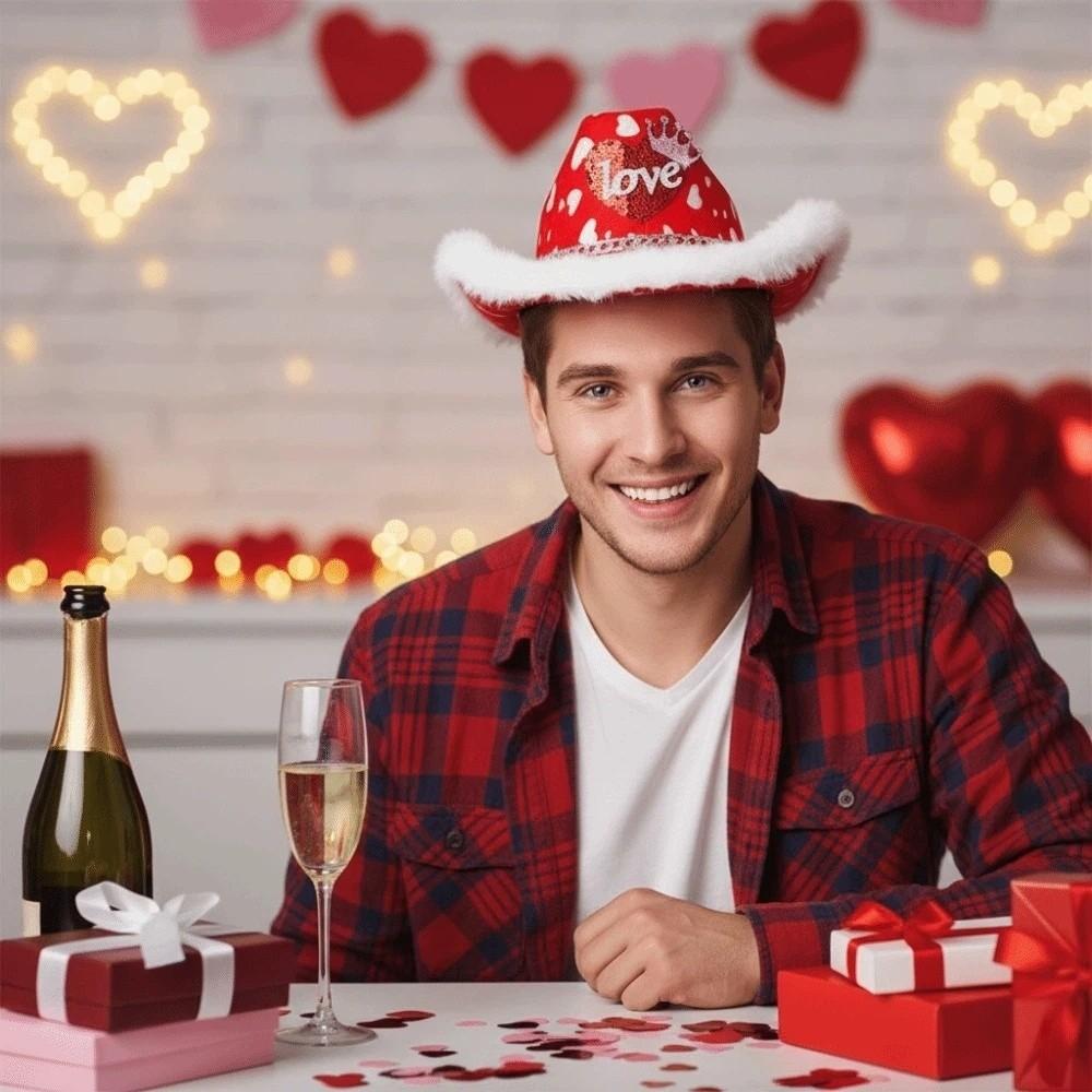 Wide Brim Cowgirls Top Hat Warmer Valentine's Day Party Hat Adjustable Red Heart Cowboy Cap  Men