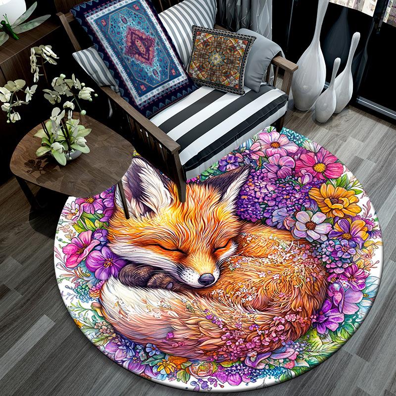 Sleeping Fox Round Area Rug,Carpet Rug for Living Room Bedroom Sofa Playroom Decor,Non-slip Floor Mat