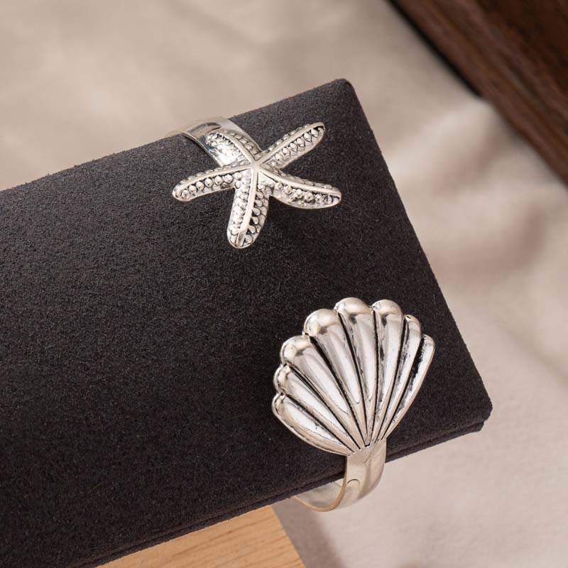 Stainless Steel Starfish Shell Open Bracelet Rings For Women Men Exaggerated Silver Color Geometric Adjustable Bracelet Jewelry