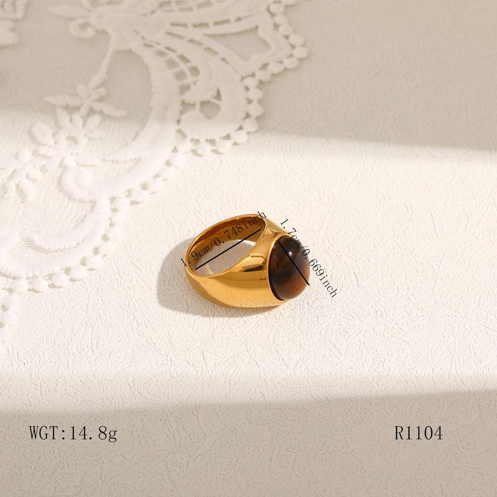 Women's Retro European & American Colorfast Titanium Steel Wide Band Ring with Inlaid Tiger Eye