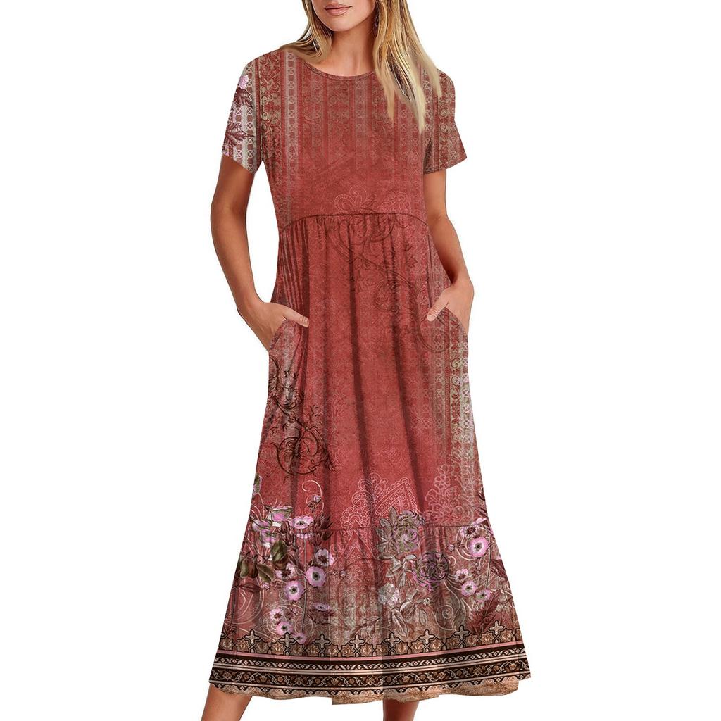Short Sleeve Boho Dress For Women Casual Loose Fit Summer Sundress Floral Print Dress With Pockets