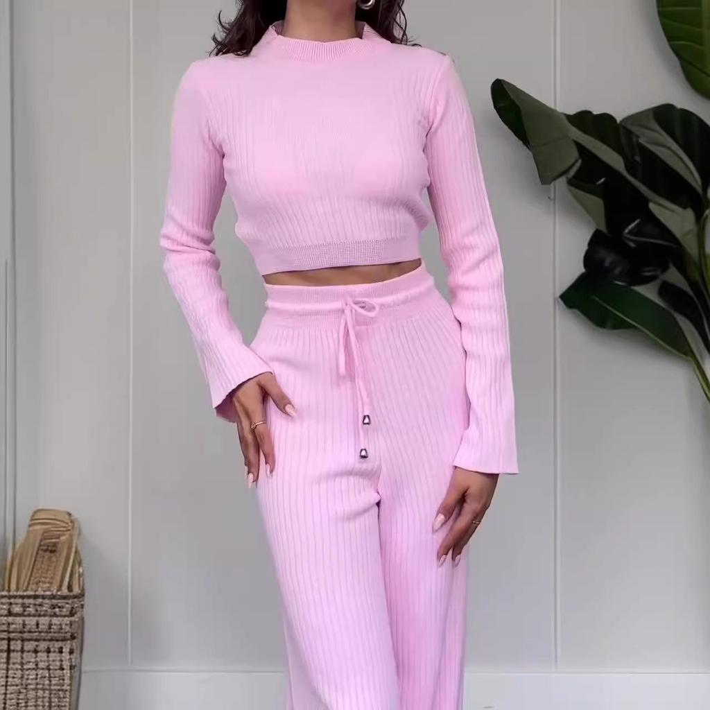 2024 Autumn Knitted Solid Crop Top & High-Waisted Wide-Leg Pants Set