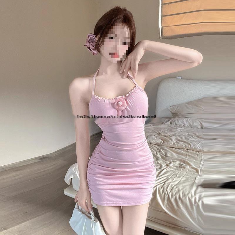 Damen 2024 Reiner Wunsch Stil Raffung Rückenfreies Neckholder Bodycon Kleid