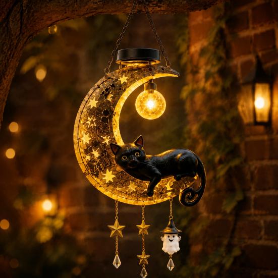 Waterproof Solar Powered Path Light Halloween Hanging Moon Cat Lamp with Ghost Star Charm, Black On Crescent Whimsical Sculpture for Garden Wind Chime
