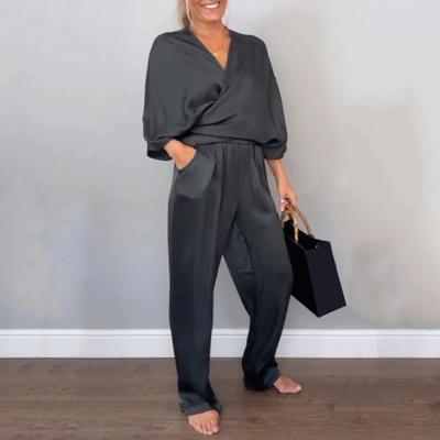 2 Pcs/Set Women Top Pants Suit V Neck Long Sleeves Cross Blouse High