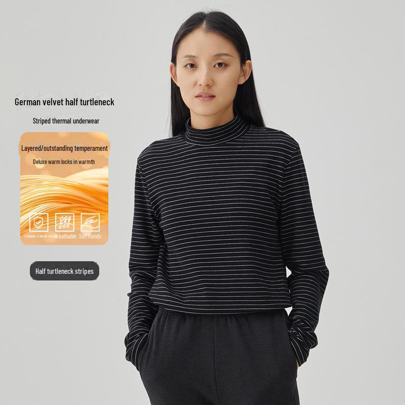 

Женская полосатая водолазка из бархата - черно-белая, плотный теплый базовый слой для осени/зимы