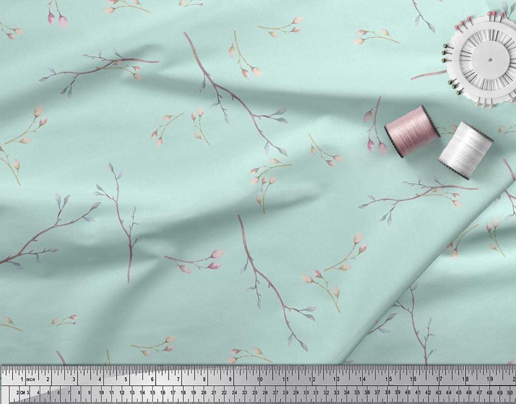 Soimoi Japan Crepe Satin Fabric Leaves & Buds Flower Print Fabric by the metre 42 Inch
