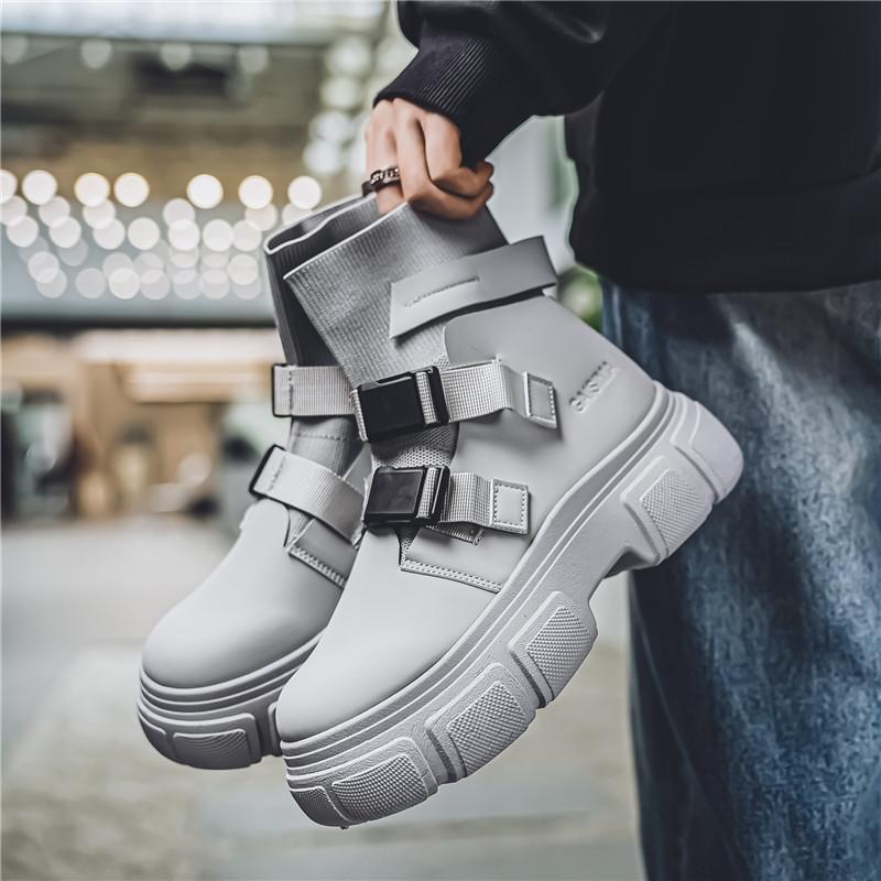 Fashion Gray Men's Buckle Strap Boots Trendy Designer Socks Boots Men Tooling Platform Shoes Man Slip-On Autumn Winter Footwear