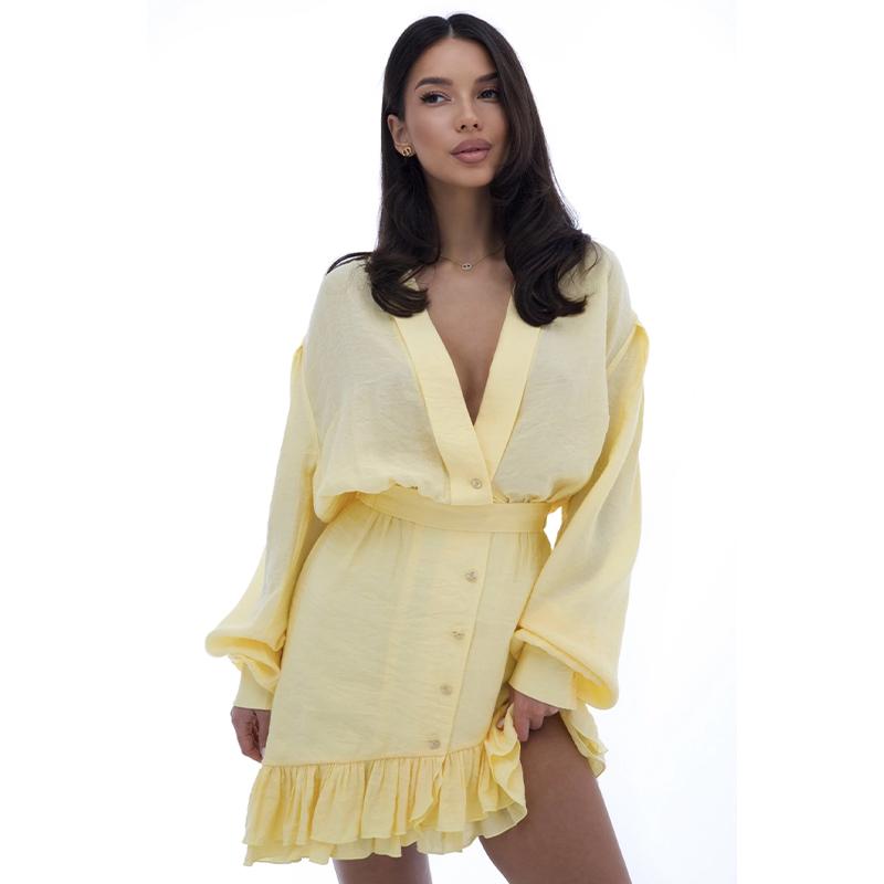 Casual Shirt Mini Dress Women Loose V-neck Buttons Dresses Lady Full Sleeve Spring Summer Above Knee Solid Robe Woman Streetwear