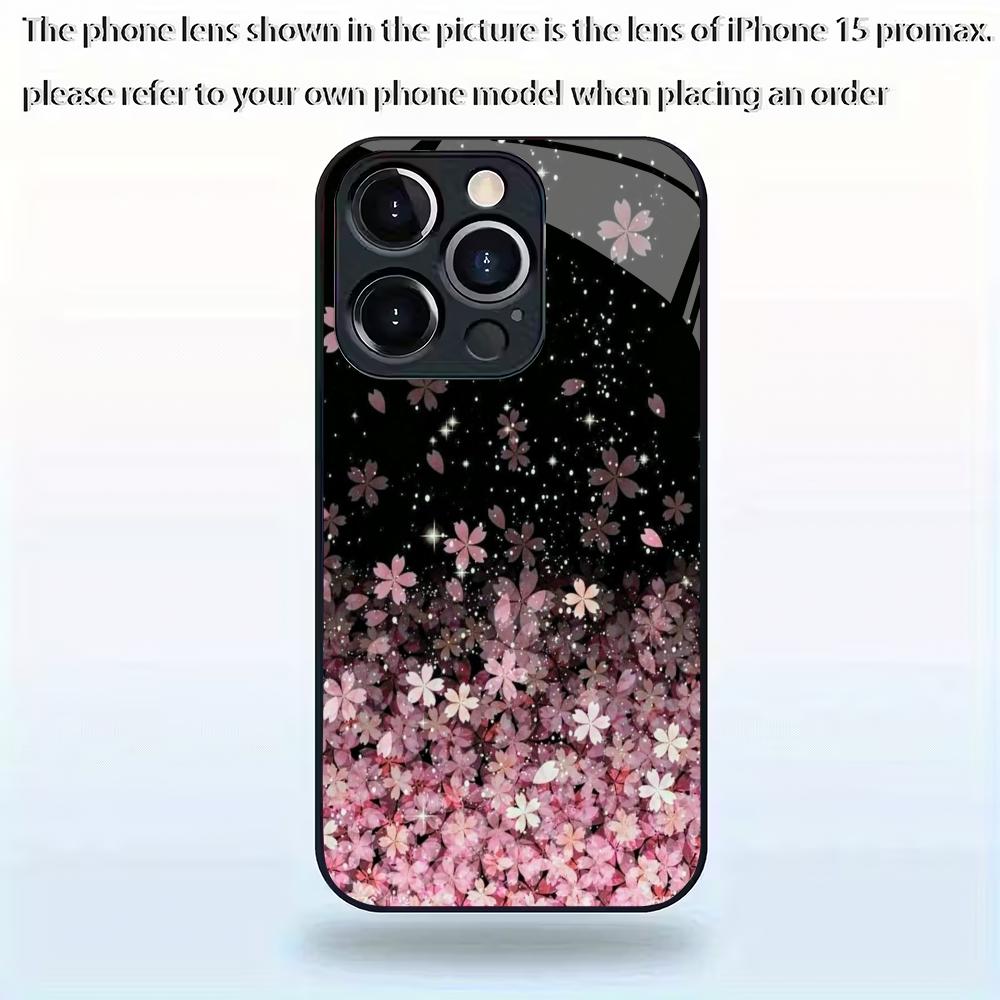 Pink Cherry Blossom Pattern Tempered Glass Phone Case Suitable for iPhone 17 16 15 14 13 12 11 Pro/Max/Plus Anti Drop Back Cover