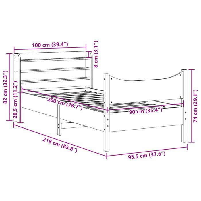 VidaXL Cadre de lit avec tête de lit 90x200 cm bois de pin massif, sommier, cadre de lit simple, cadre de lit en bois massif 3307053