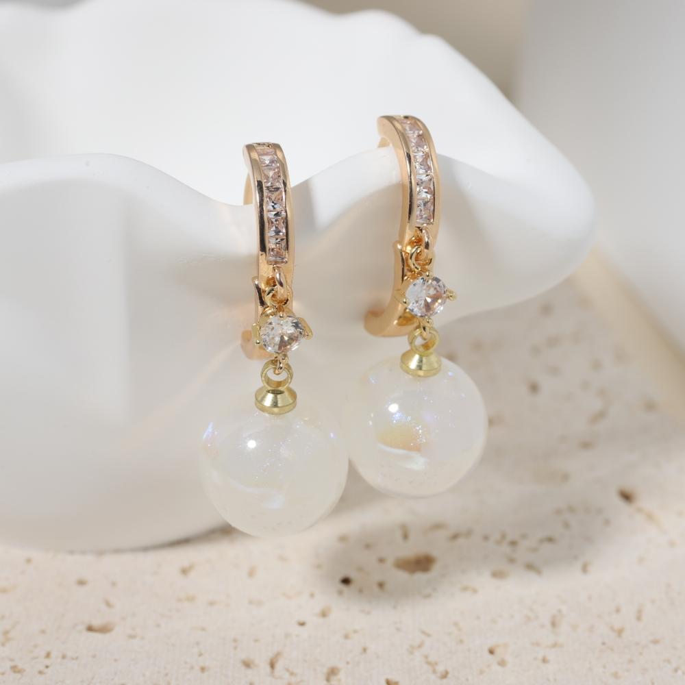 1 Pair Fashion Round Imitation Pearls Dangle Earrings for Women Zirconia Earring Jewelry Wedding Party Accessories