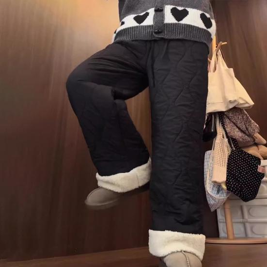 Women Cotton Pants Elastic High Waist Solid Color Wide Leg Causal Trousers with Pockets Thickened Plush Lining Winter Pants