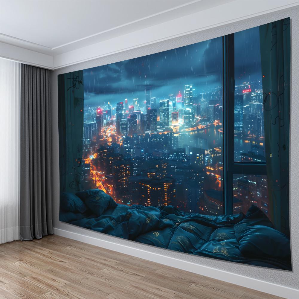 Rainy City Night View Tapestry Modern Wall Hanging Art for Living Room and Bedroom Decor Home Decoration Gift 100X70CM