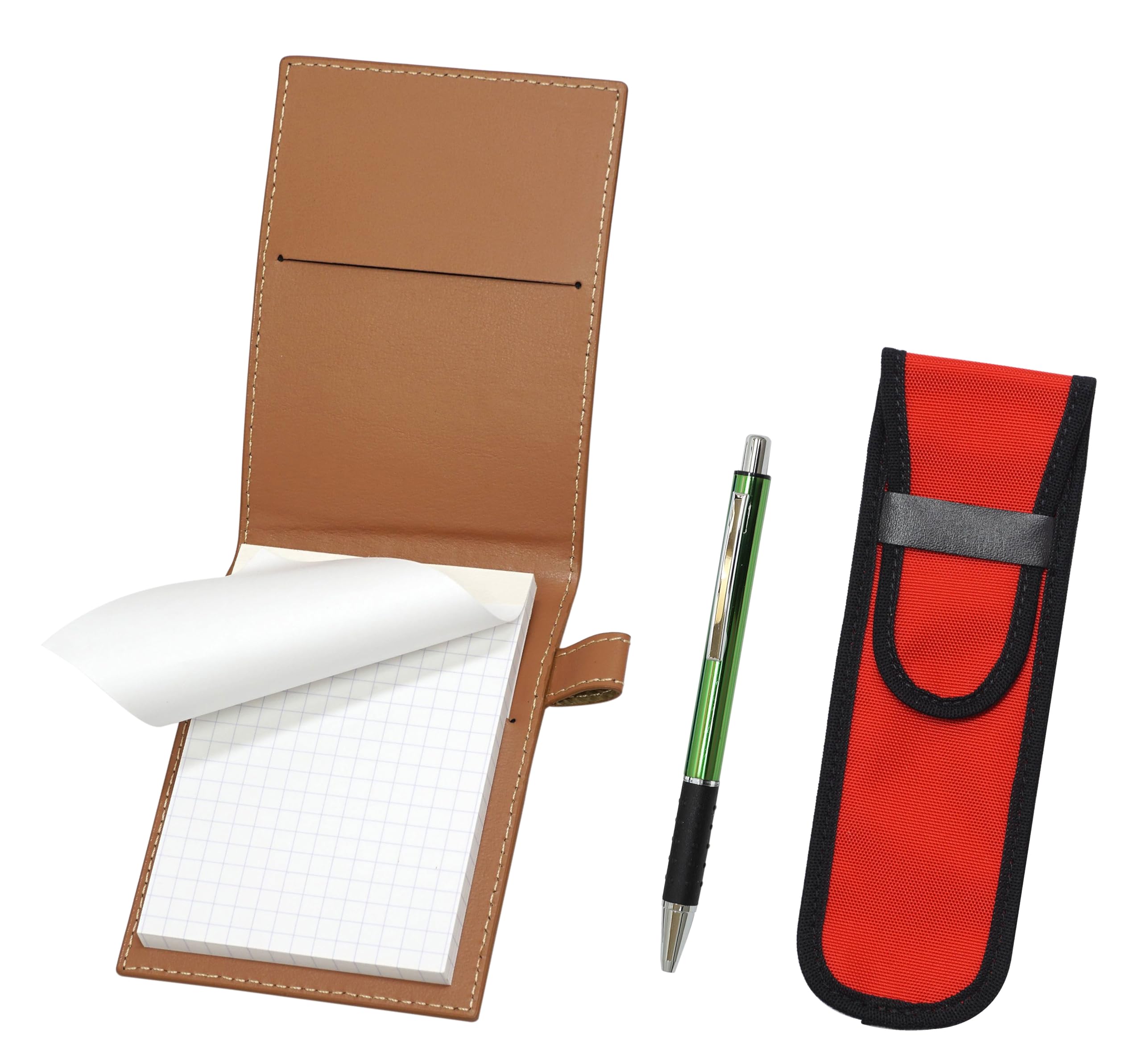 

Recycled Cowhide Mini Notebook Cover Mocha with Cloth Pencil Case Red Metal Pitch Grip Ballpoint Pen Set Green & LS022PM-NK02R-WZ2067BP-G