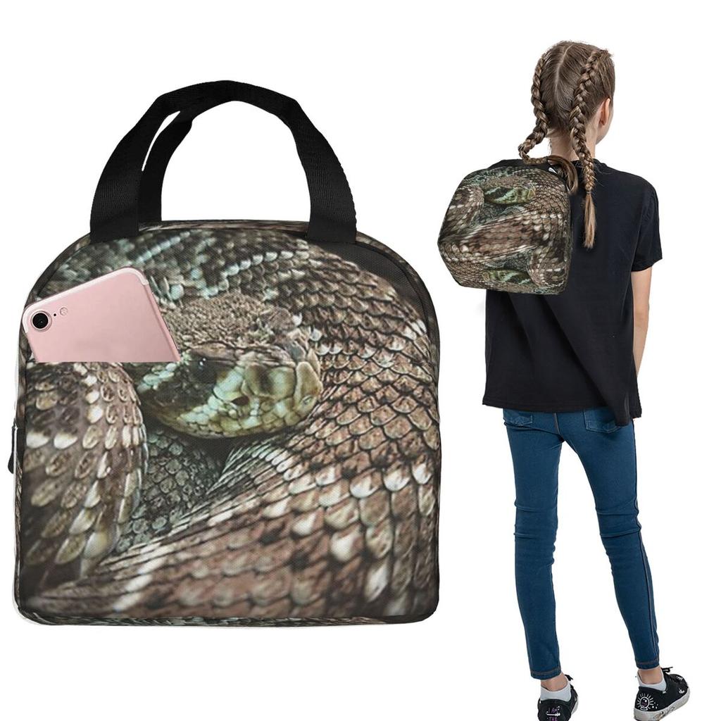 Schlange, Gerollte Diamantklapperschlange Isolierte Lunchtasche für Damen Kinder Auslaufsichere Lebensmittelboxen Thermische Lunchbox Tragetasche