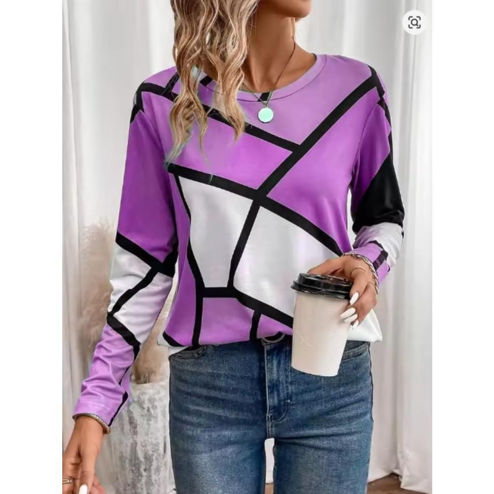 Ladies' Autumn and Winter New Casual Striped Pattern Round Neck Long Sleeved T-shirt Top