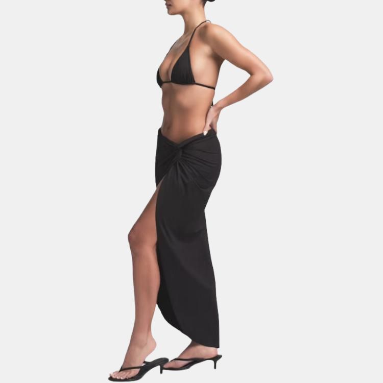 Skims Signature Swim Sarong Skirt With Logo Detail High Slit Fixed Knot Women Swimwear Onyx Agate CU-SAR-8479W-ONX