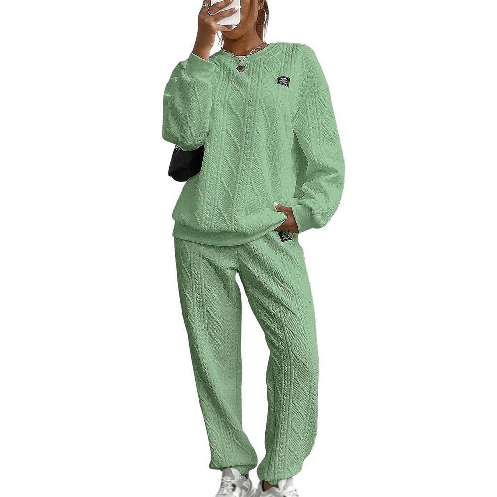 Women's Fashion Solid Color Round Neck Long Sleeve Top Elastic Waist Casual Pants Set
