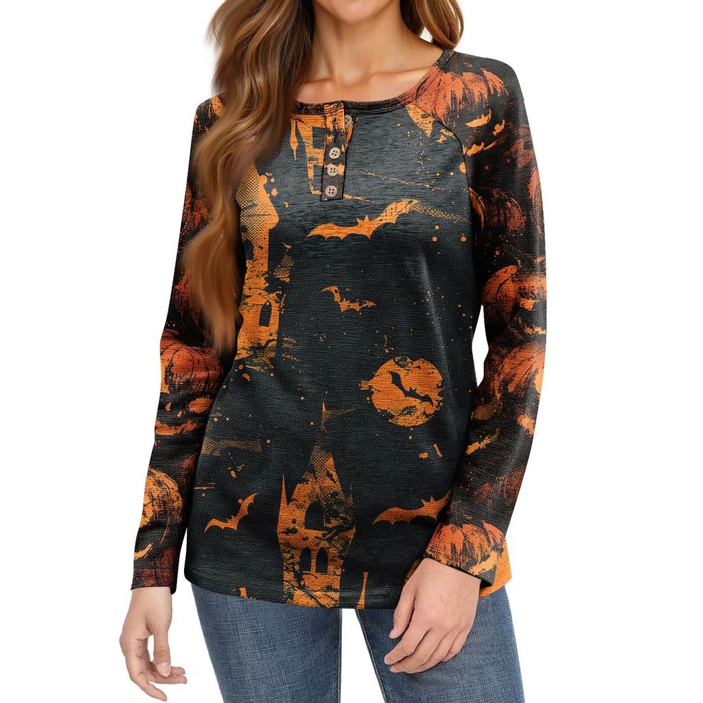 Women's T Shirt Print Long Sleeve Daily Fashion Basic Round Neck Button Raglan Sleeve Top