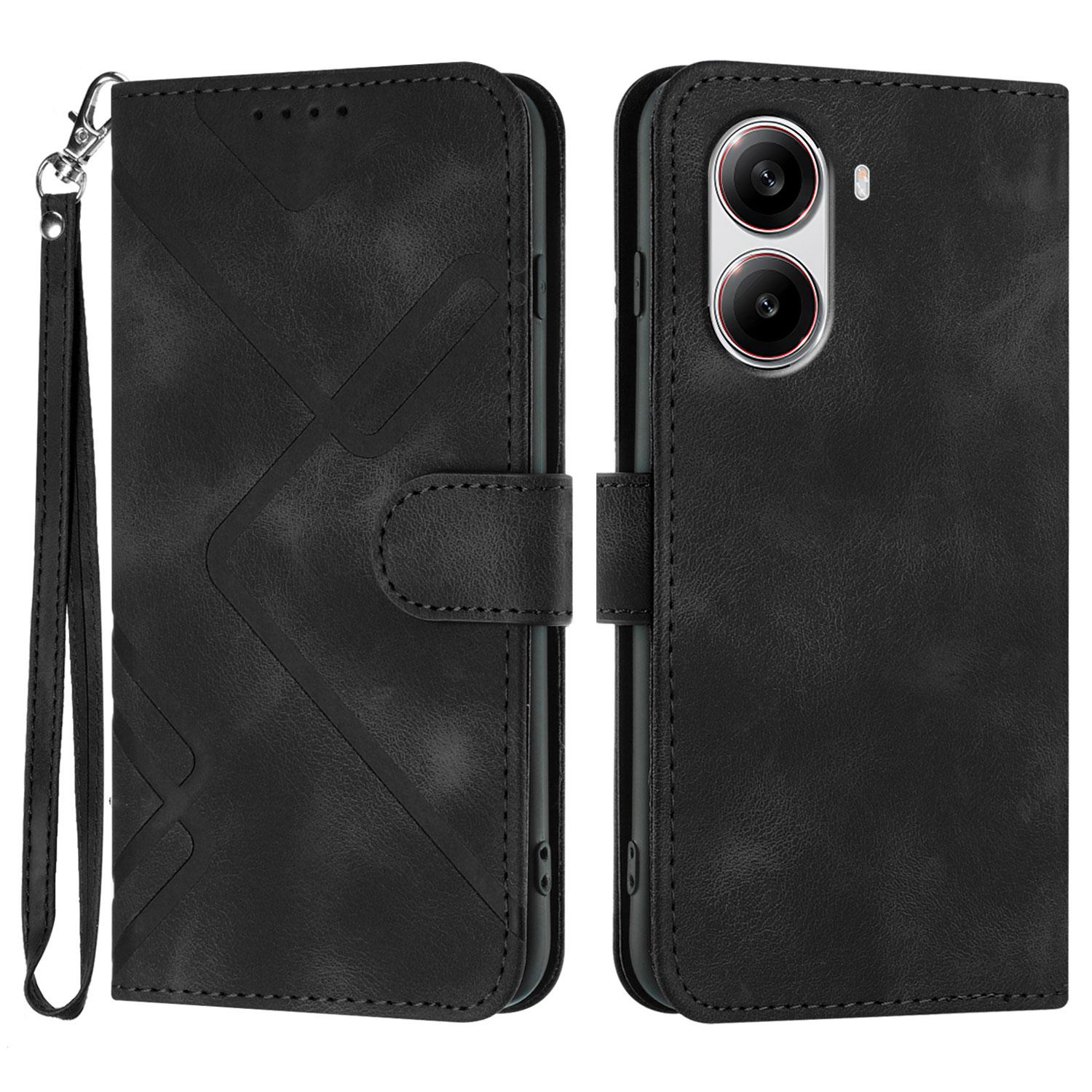 

For Xiaomi Redmi Turbo 4 5G/Xiaomi Poco X7 Pro 5G Wallet Case Line Imprinted PU Leather Phone Cover with Strap Black
