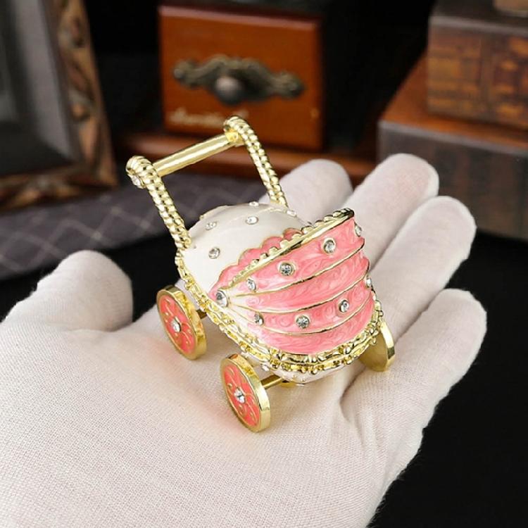 Enamel Coated Rhinestones Studded Metal Jewelry Box Baby Carriage Storage Container for Jewelry Organization