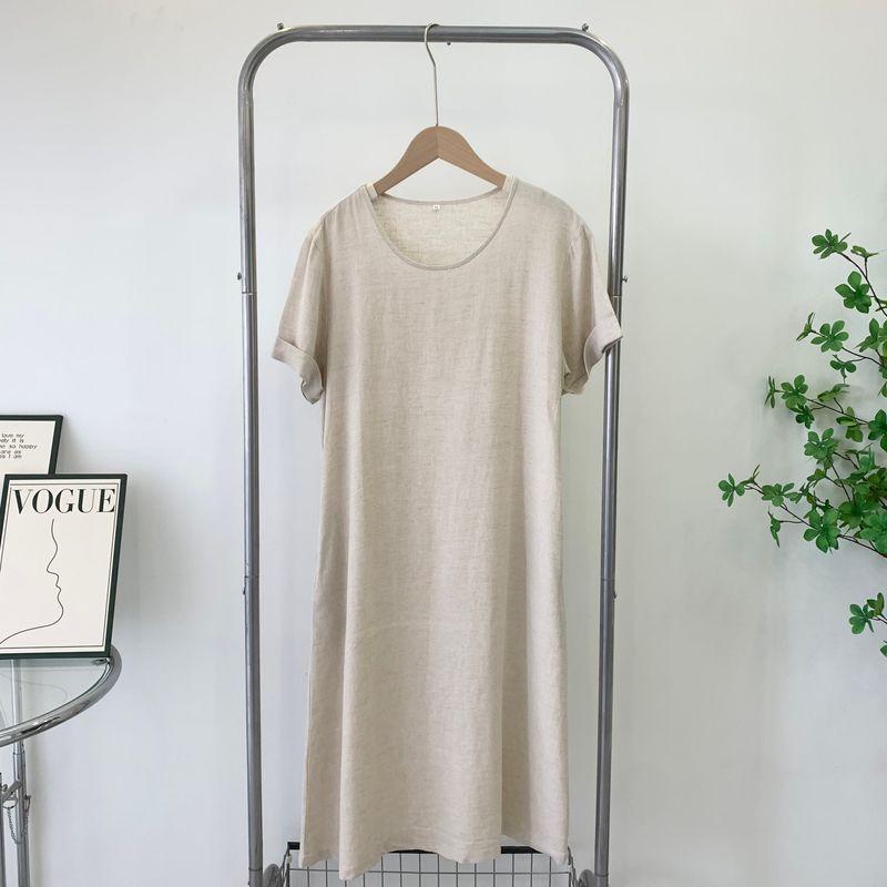 Cotton and Linen Dress Women's Inventory 2025 New Arrival Summer Linen Short Sleeve Mid Length Long Length Skirt Pure Color Temperament Dress