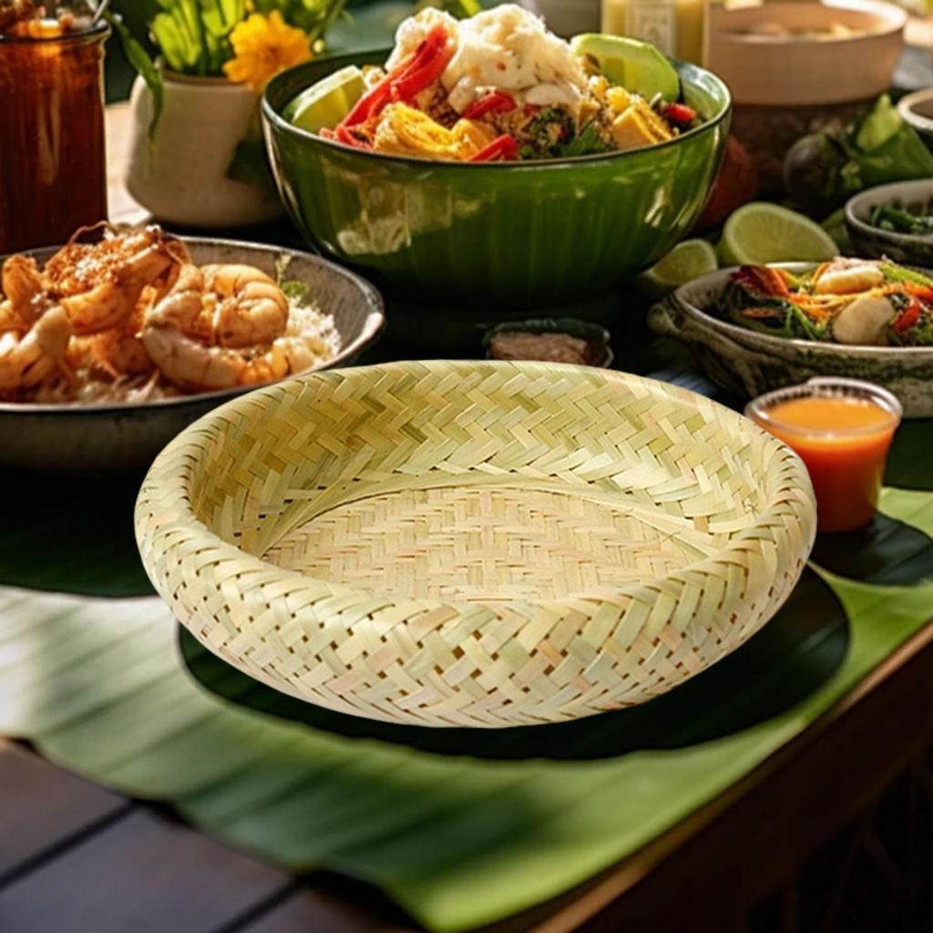 Bamboo Round Serving Tray Basket Accessories Craft Decorative Circle Food Hand Woven Dish for