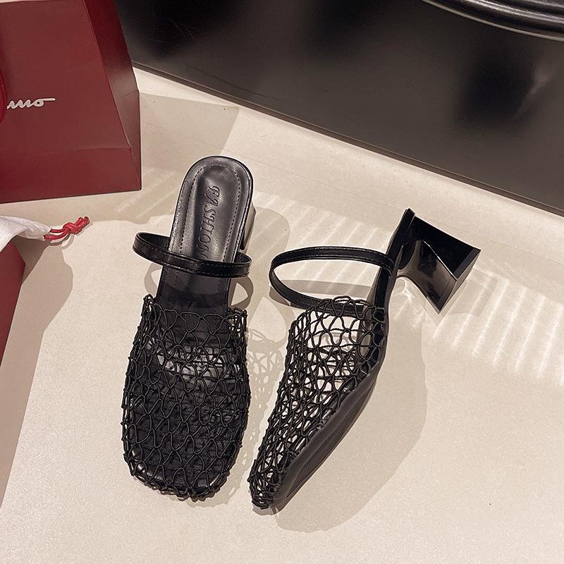 Shoe Bag Head Half Slippers Women's Summer Wear New Skirt Square Head Sandals Fashionable Hole Shoes Women