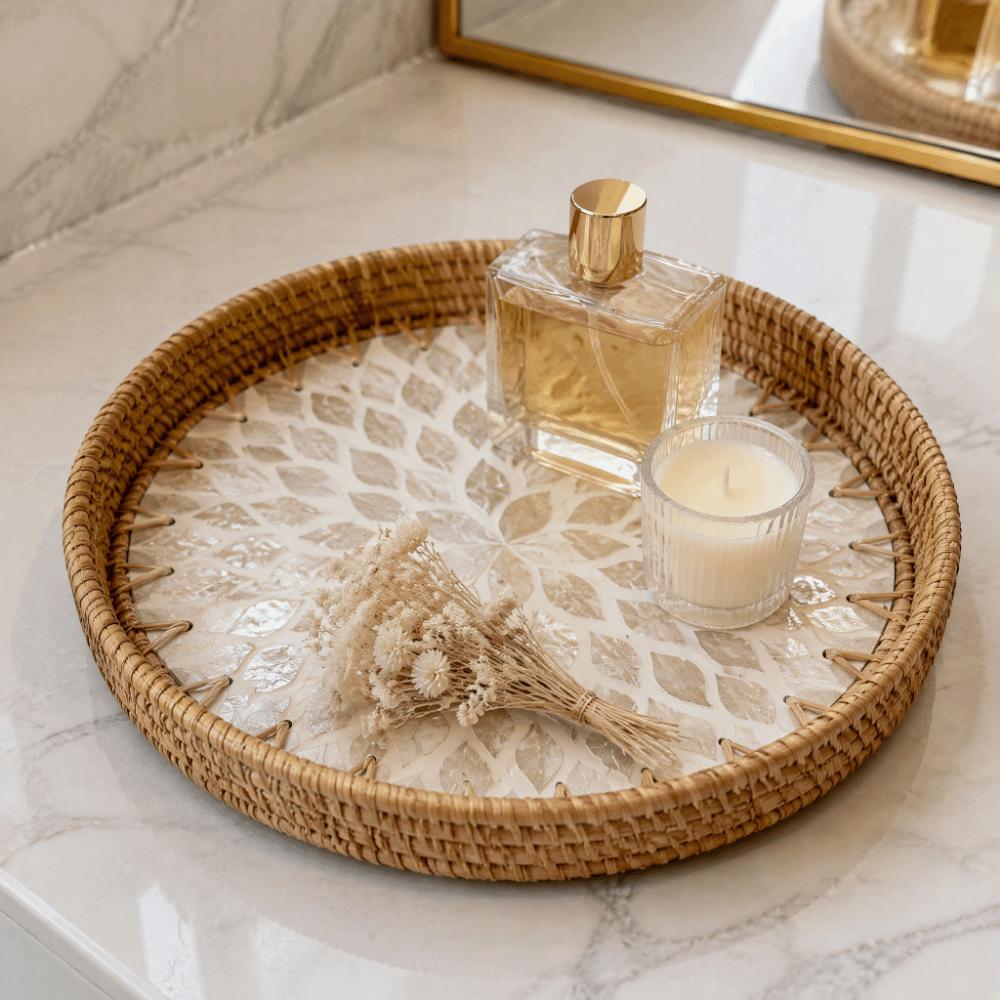 Handmade Woven Tray Round Decorative Tray Storage Tray Rattan Serving Tray Living Room