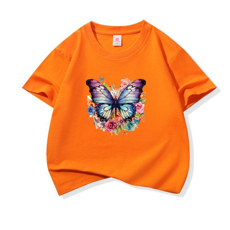 Kids Cotton T Shirt Colorful Floral Watercolor Butterfly Print Crew Neck Short Sleeve Tee Casual Boys Girls Summer Tops