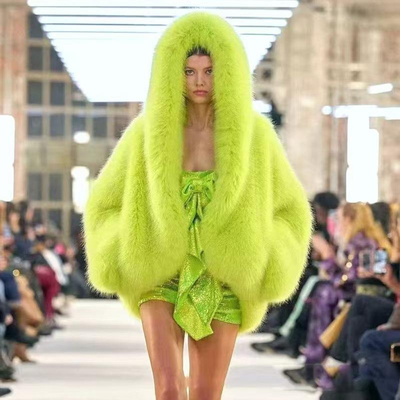 European and American winter imitation fox fur cape hooded jacket women's hairy bride shawl whole leather
