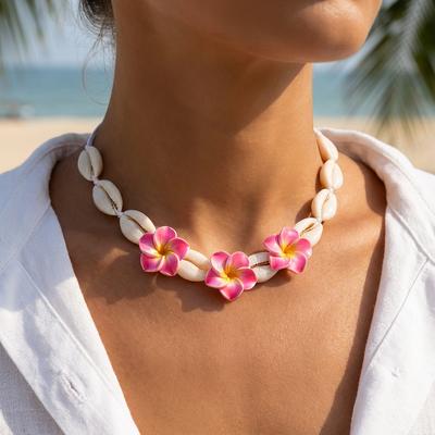 Bohemian Big Flower Sea Shell Charm Necklace For Women Pink Blue Green Flower Soft Clay Pottery Choker Beach Party Zircon Gift